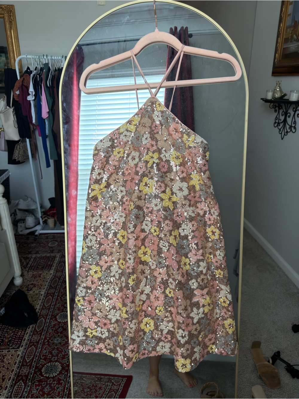 Steve Madden Pink, Yellow & Beige Floral Sequin Halter Dress